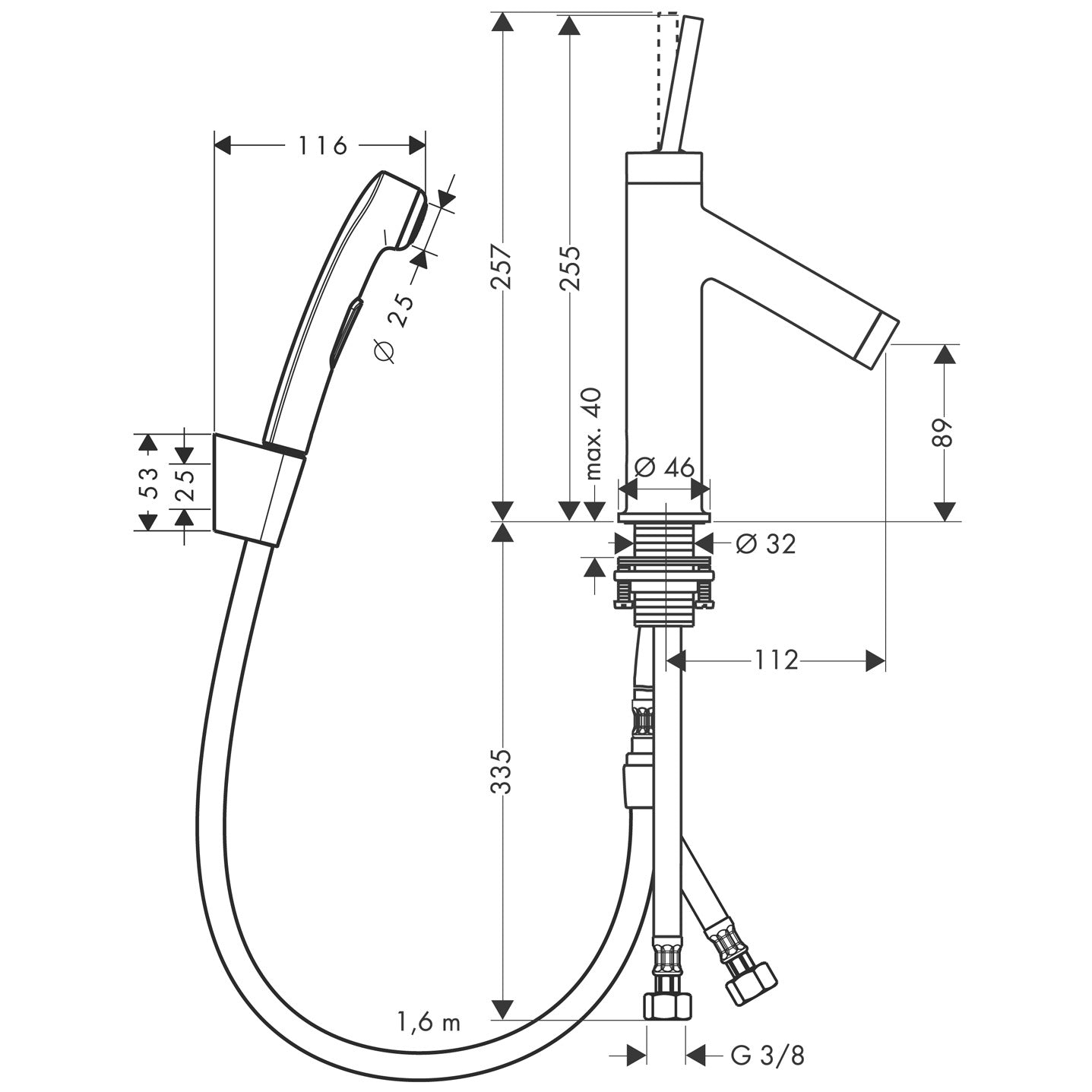 AXOR Starck Single lever basin mixer 90 with bidet 1jet shower spray and shower hose 1.6 m