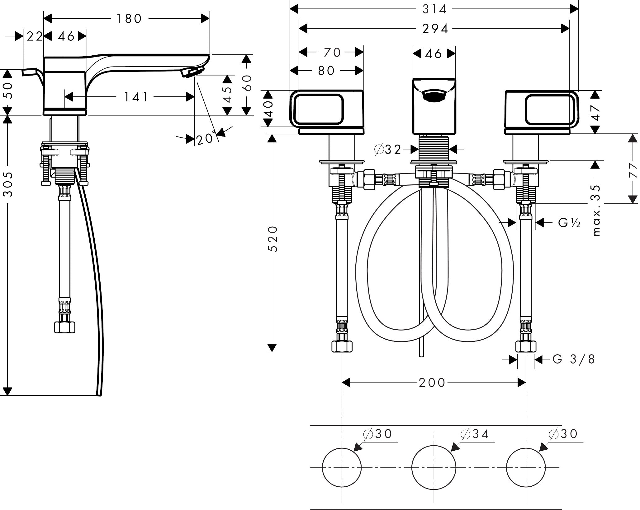 AXOR Urquiola 3-hole basin mixer 50 with escutcheons and pop-up waste