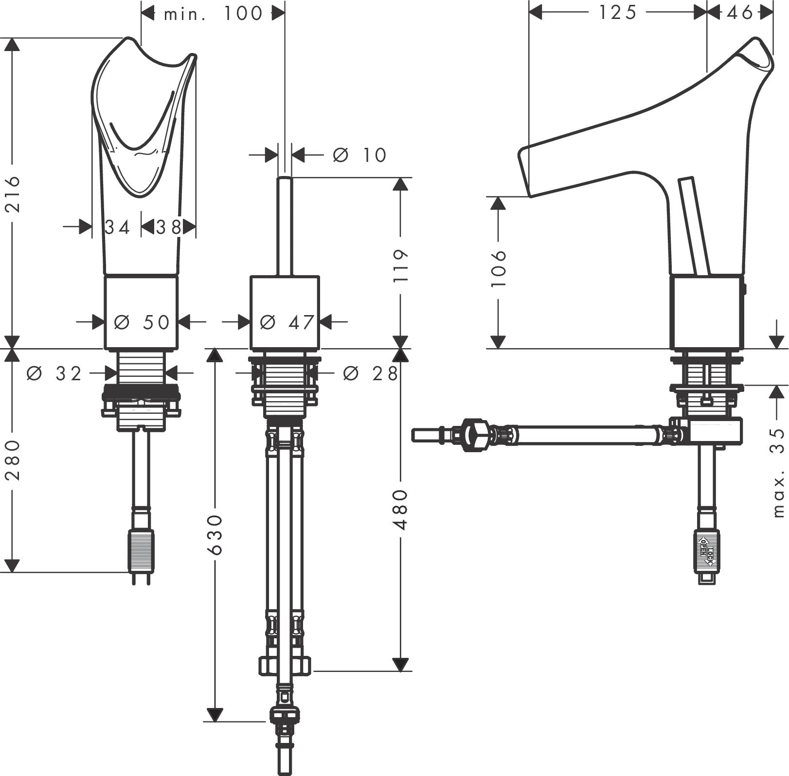 AXOR Starck V 2-hole basin mixer 110 with glass spout without waste