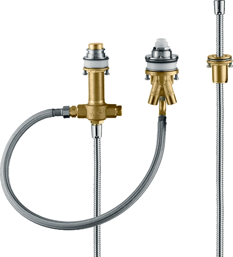 Basic set for 3-hole rim-mounted single lever bath mixer with rim support hose