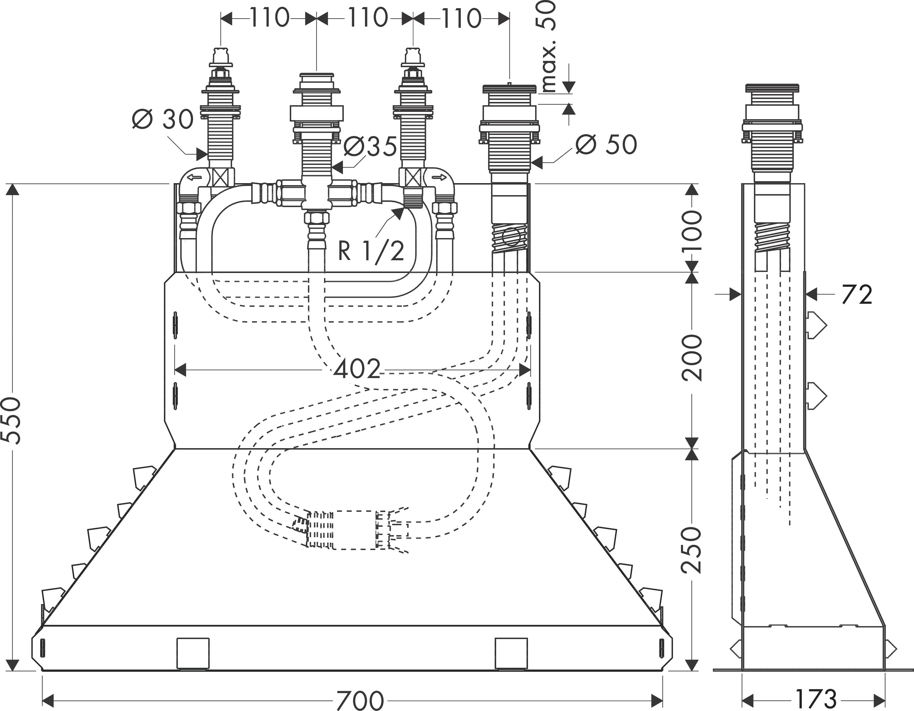 Basic set for 4-hole rim-mounted bath mixer with Secubox