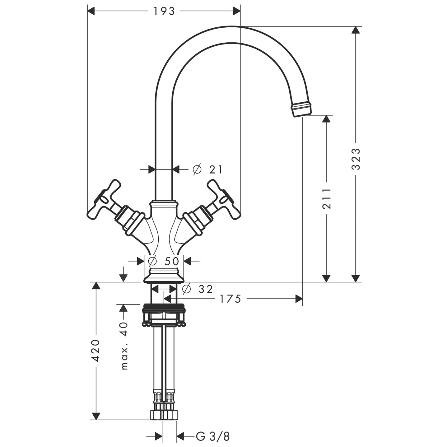 AXOR Montreux 2-handle basin mixer 210 with cross handles and pop-up waste