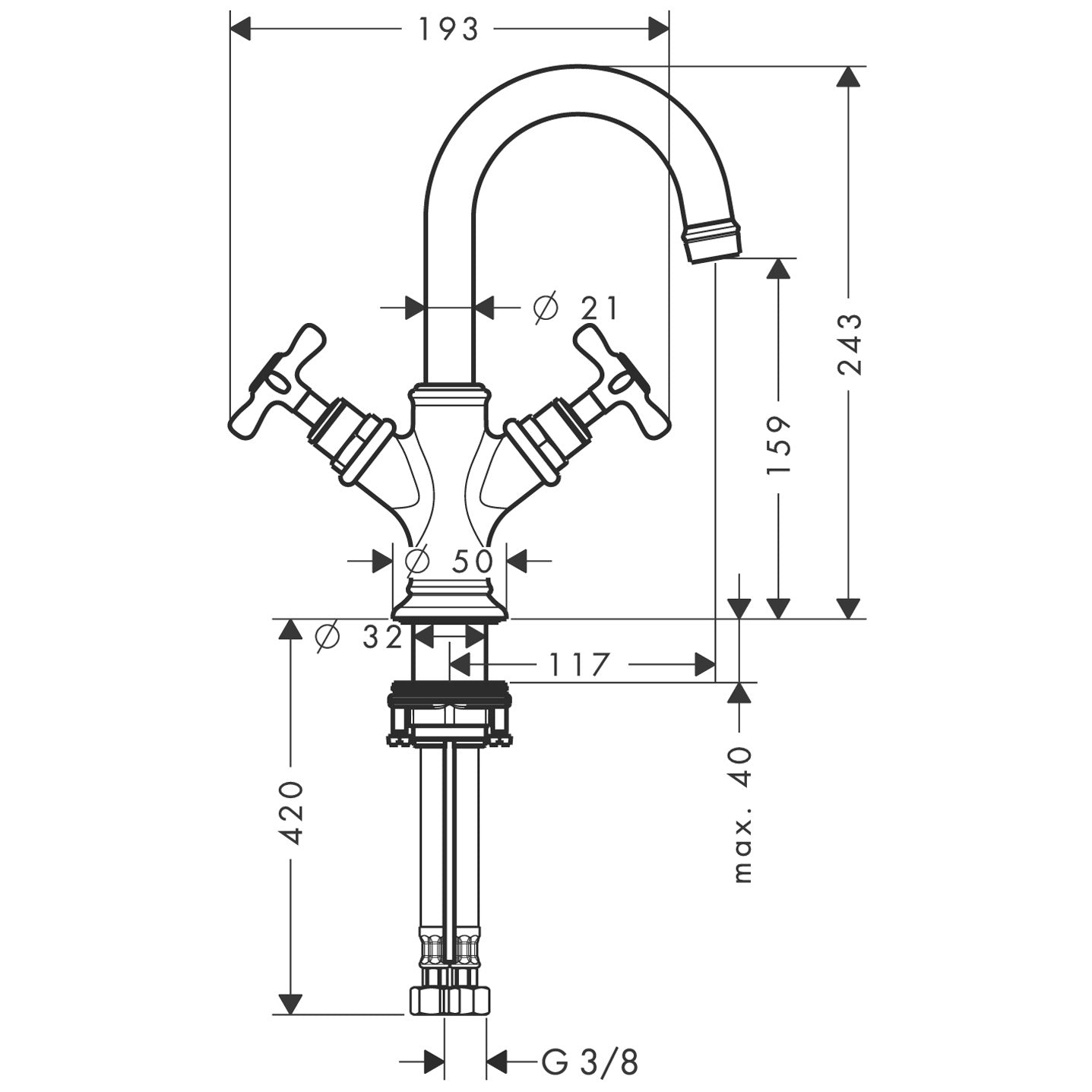 AXOR Montreux 2-handle basin mixer 160 with cross handles for cloakroom basins with pop-up waste