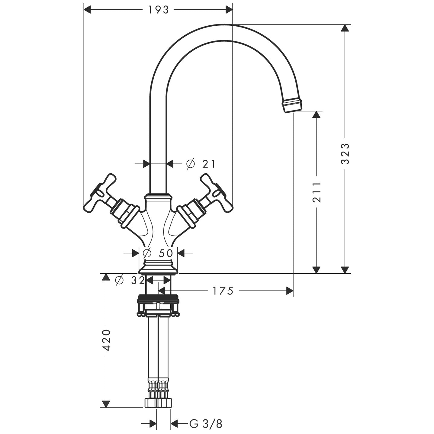 AXOR Montreux 2-handle basin mixer 210 with cross handles without waste