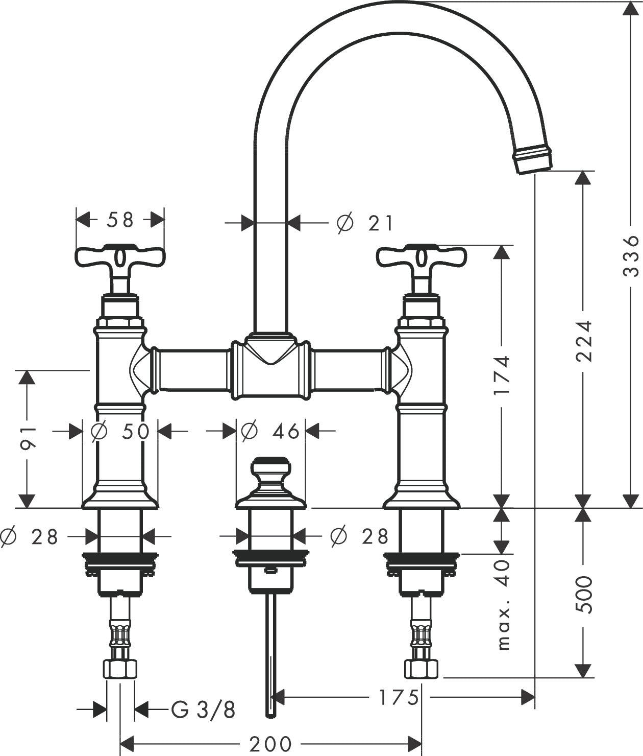 AXOR Montreux 2-handle basin mixer 220 with cross handles and pop-up waste