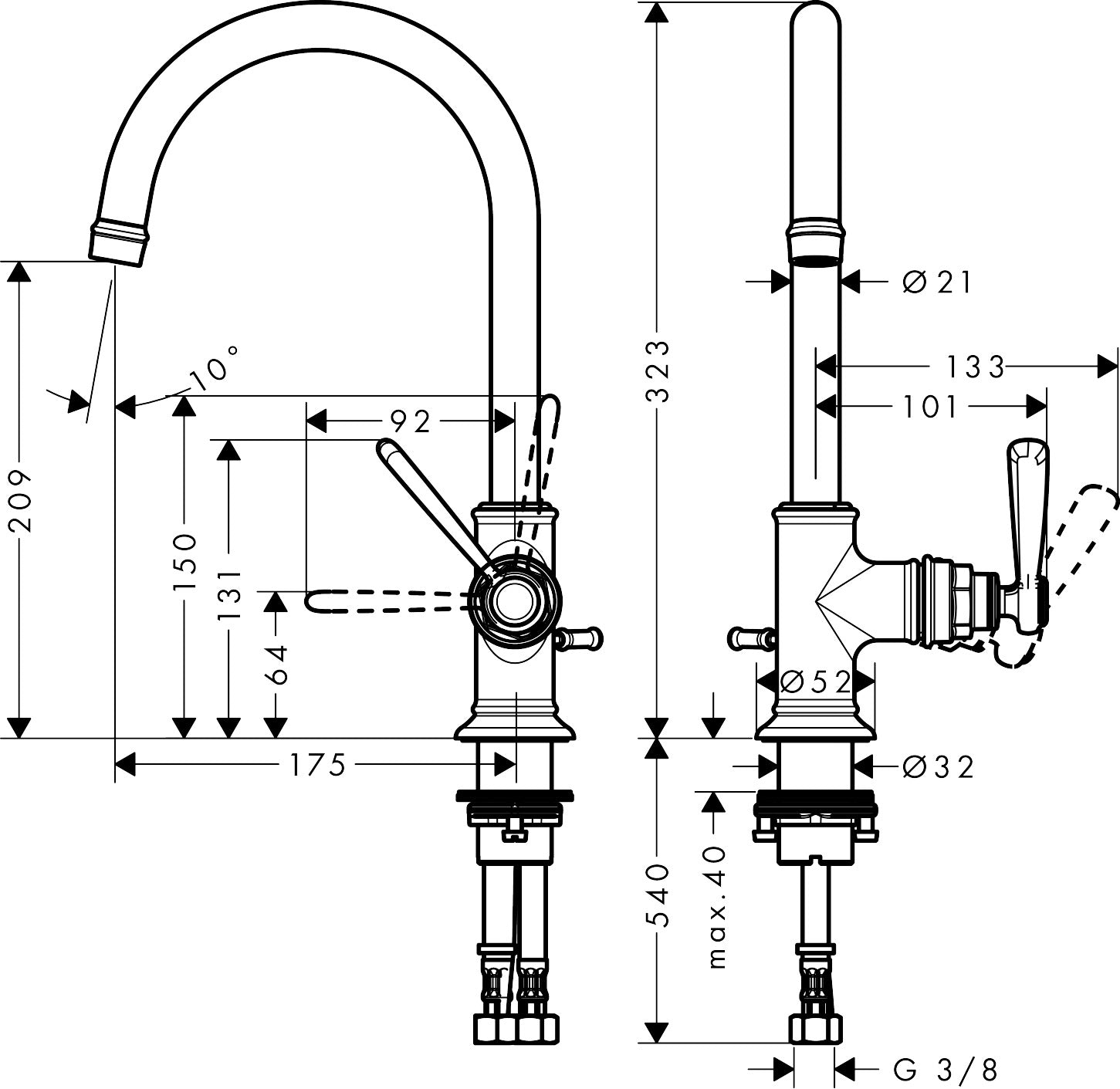 AXOR Montreux Single lever basin mixer 210 with lever handle and pop-up waste
