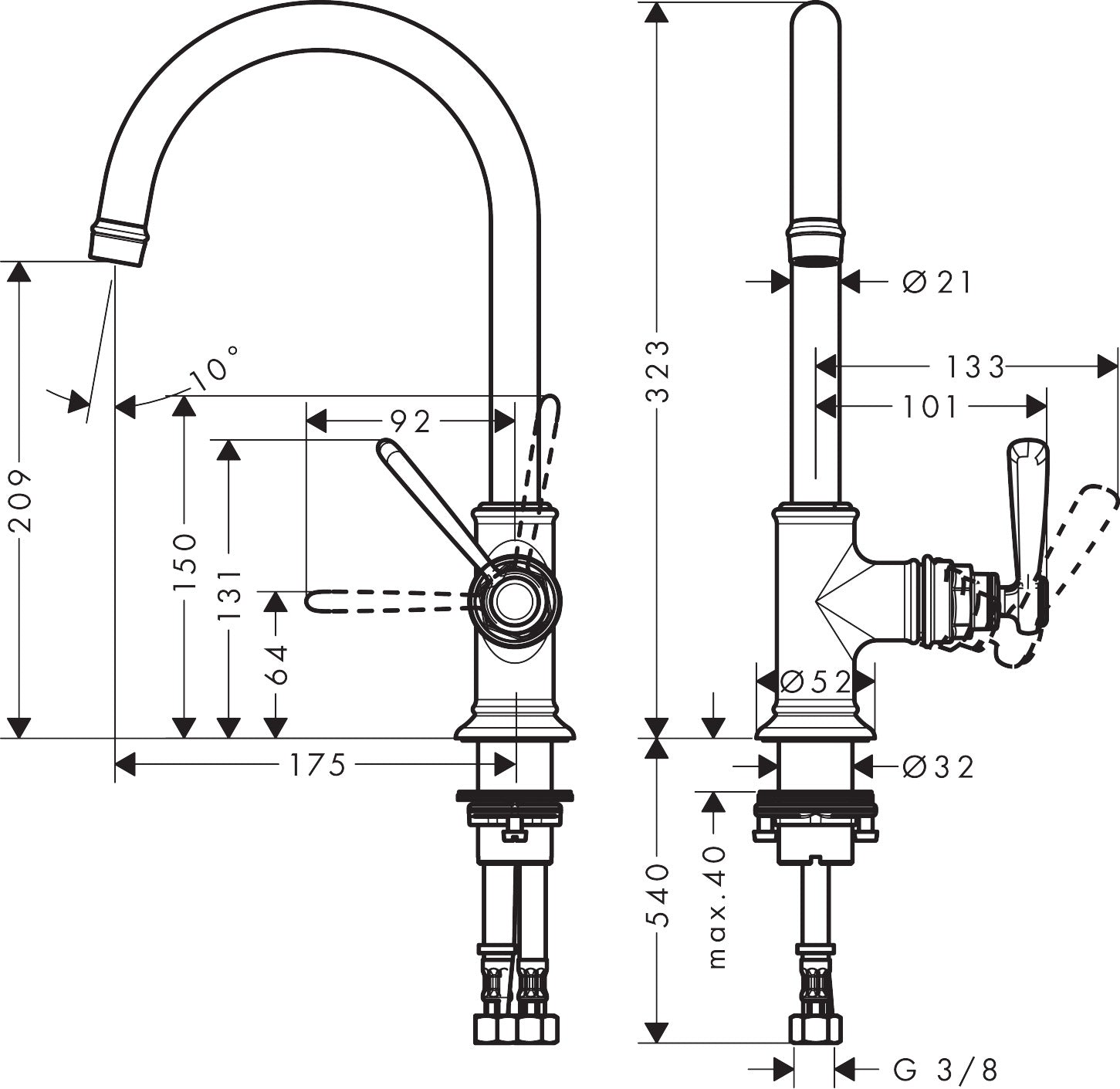 AXOR Montreux Single lever basin mixer 210 with lever handle without waste