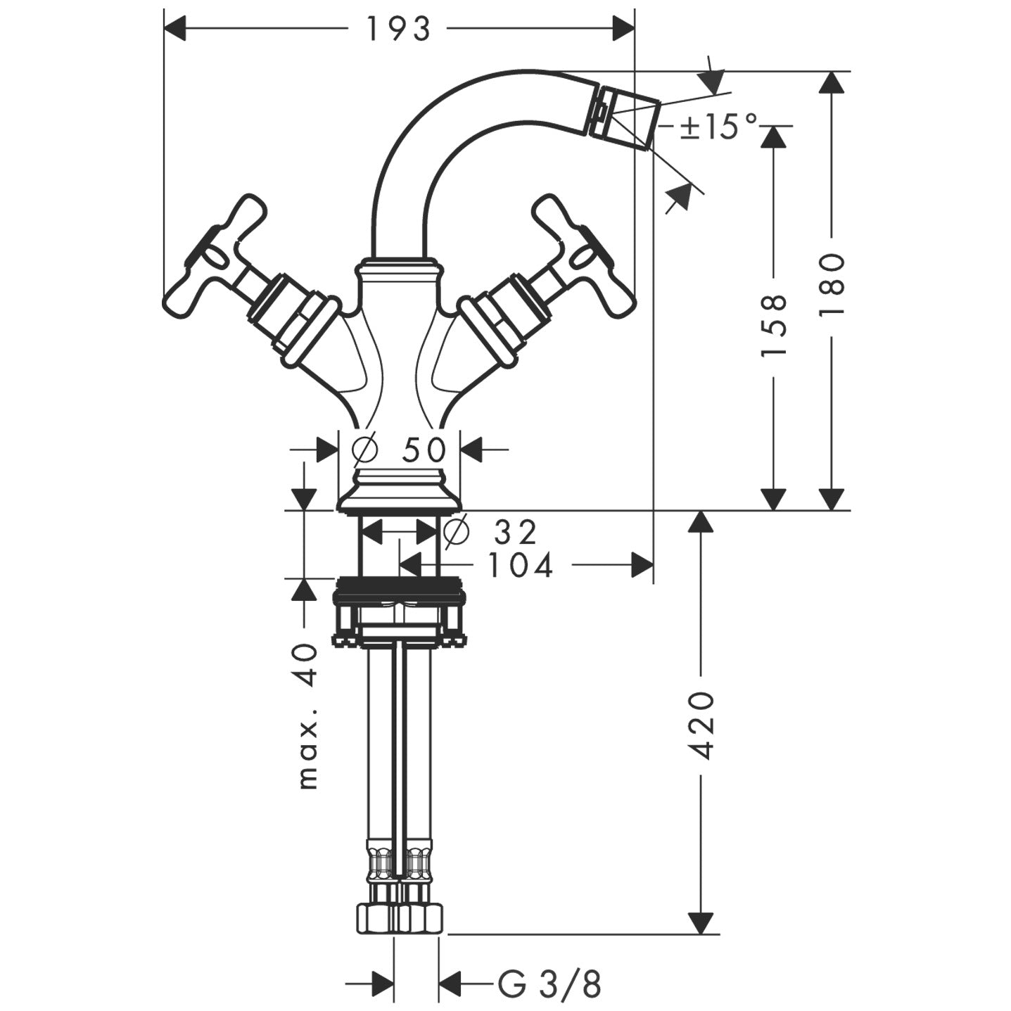 AXOR Montreux 2-handle bidet mixer with cross handles and pop-up waste