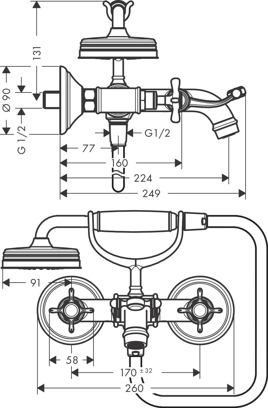 AXOR Montreux 2-handle manual bath mixer for exposed installation with cross handles