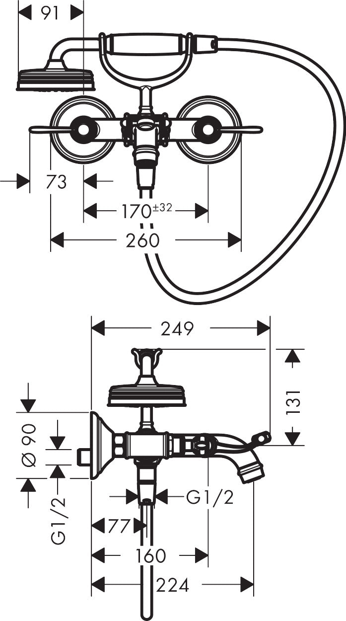 AXOR Montreux 2-handle manual bath mixer for exposed installation with lever handles