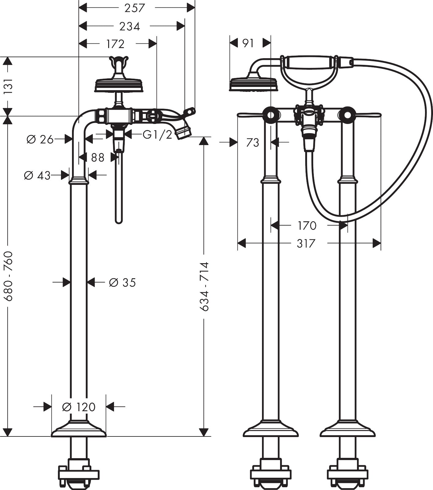 AXOR Montreux 2-handle manual bath mixer floor-standing with lever handles