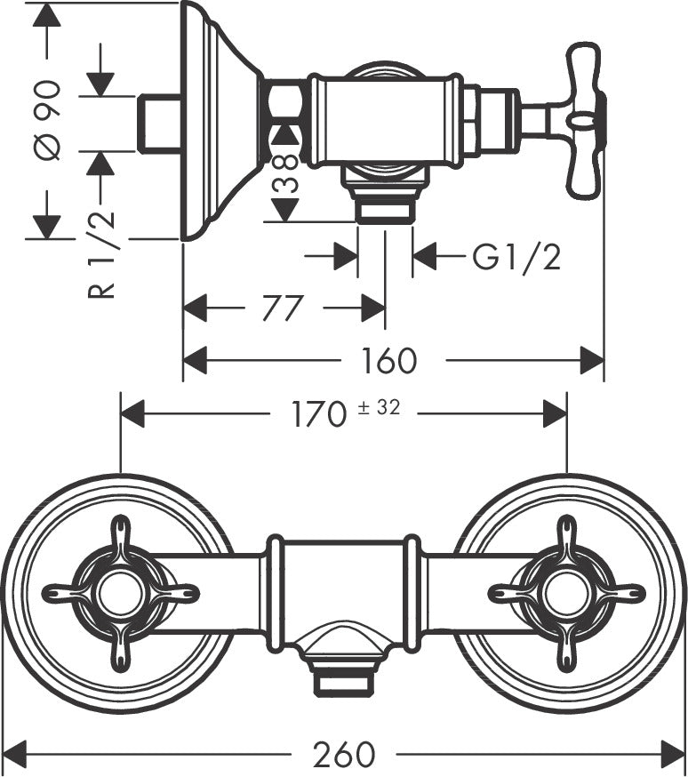 AXOR Montreux 2-handle manual shower mixer for exposed installation with cross handles
