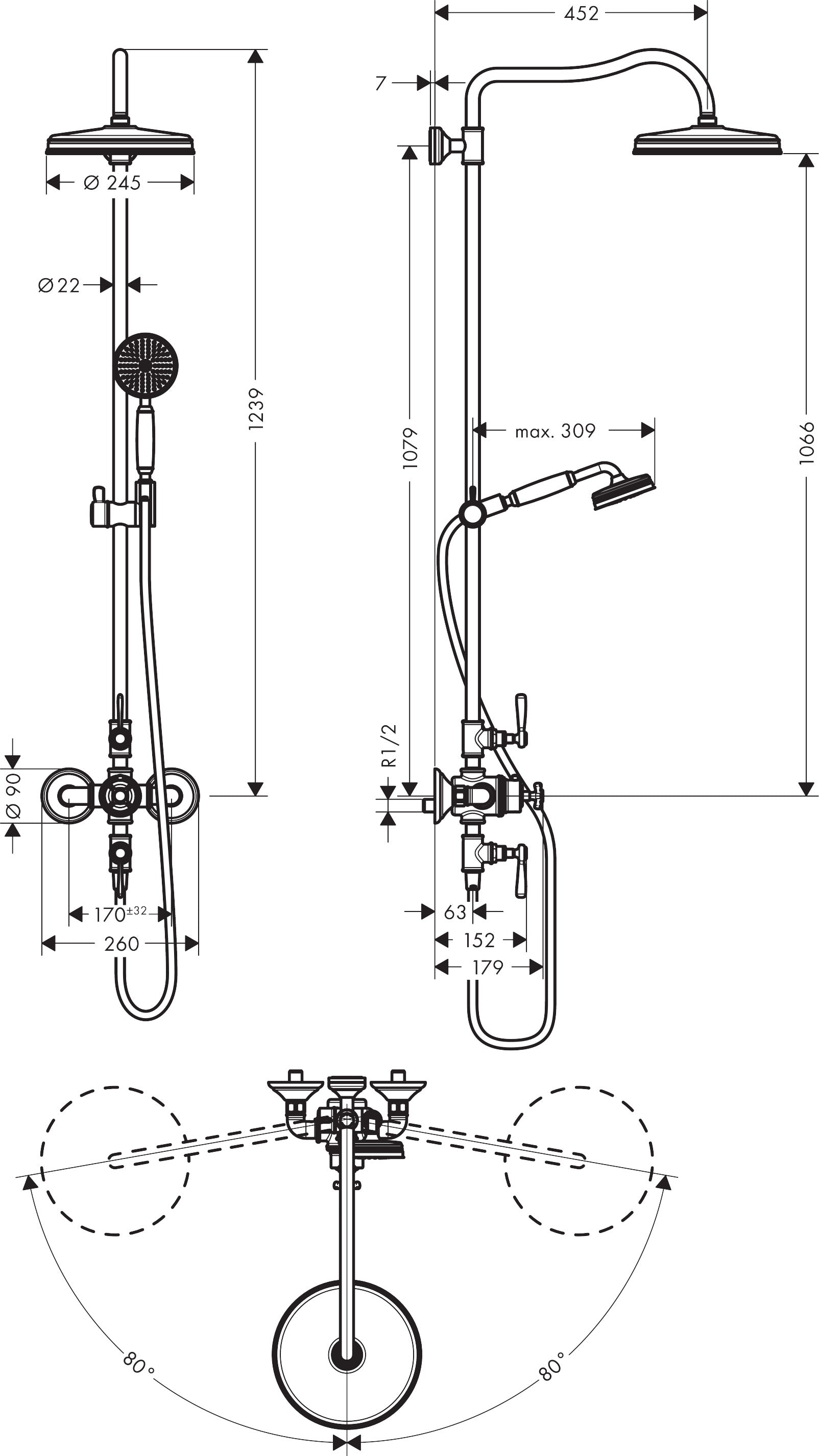 AXOR Montreux Showerpipe with thermostatic mixer and 1jet overhead shower 240