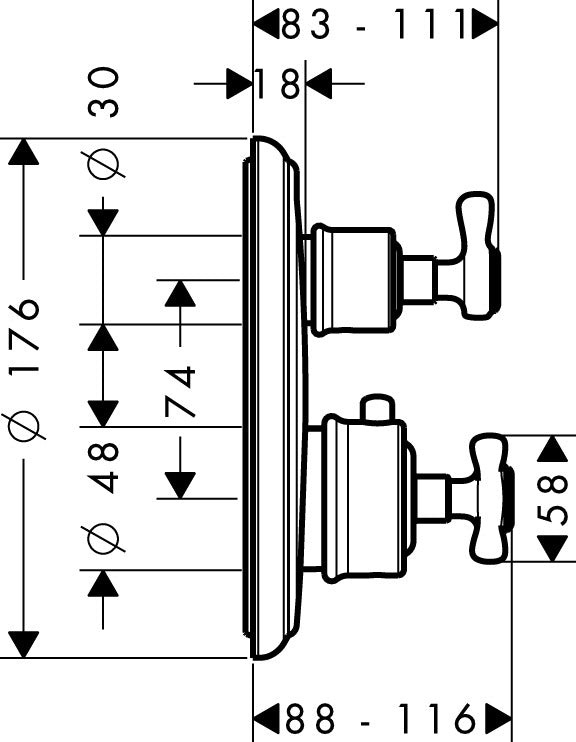AXOR Montreux Thermostatic mixer for concealed installation with cross handle and shut-off / diverter valve