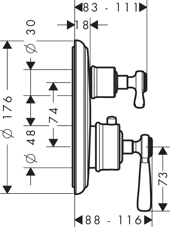 AXOR Montreux Thermostatic mixer for concealed installation with lever landle and shut-off / diverter valve