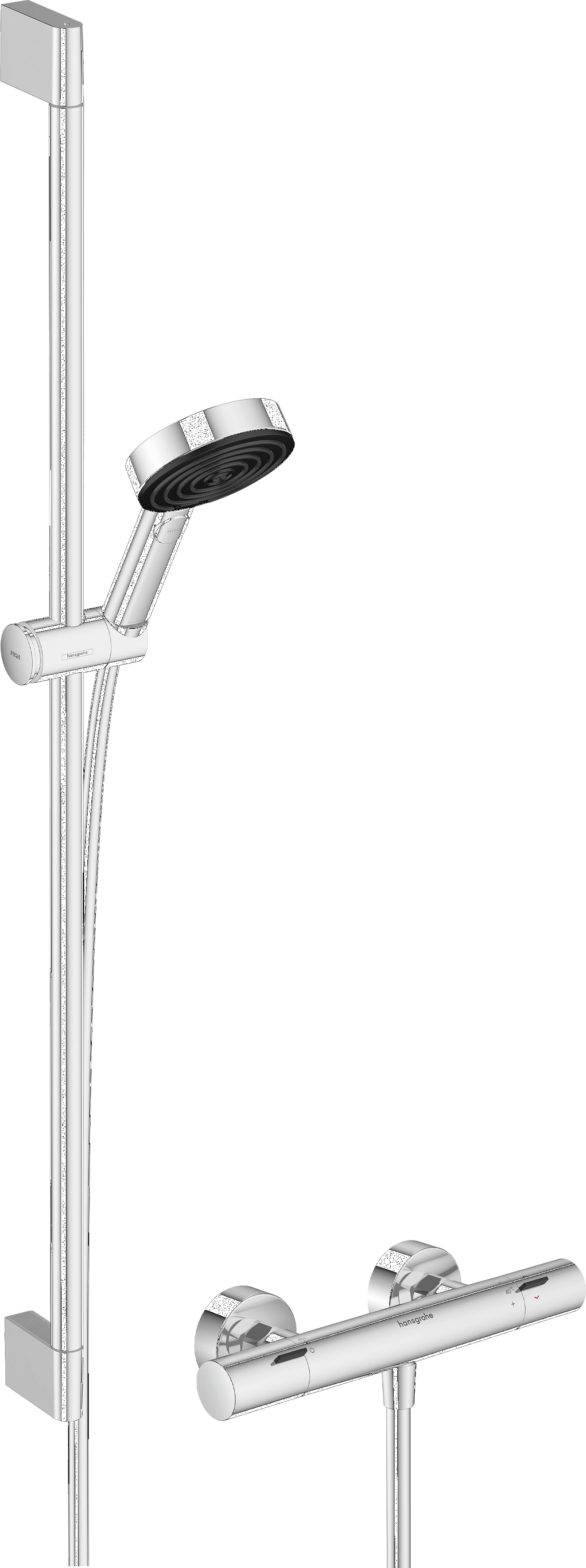 Pulsify Select S Shower system105 3jet Relaxation EcoSmart with Ecostat Fine, shower bar 90 cm, hand shower holder and shower hose