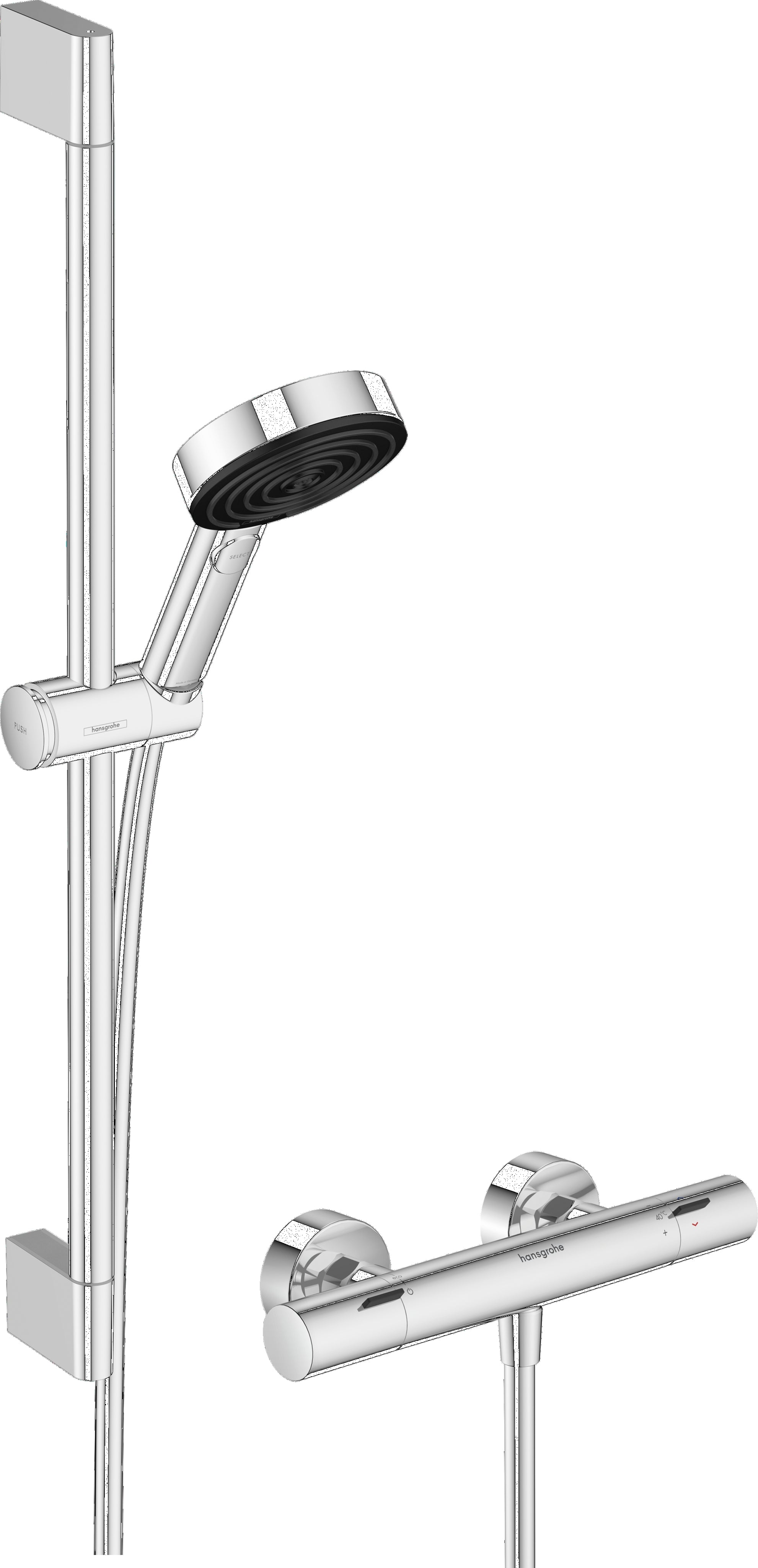 Pulsify Select S Shower system 105 3jet Relaxation EcoSmart with Ecostat Fine, shower bar 65 cm, hand shower holder and shower hose