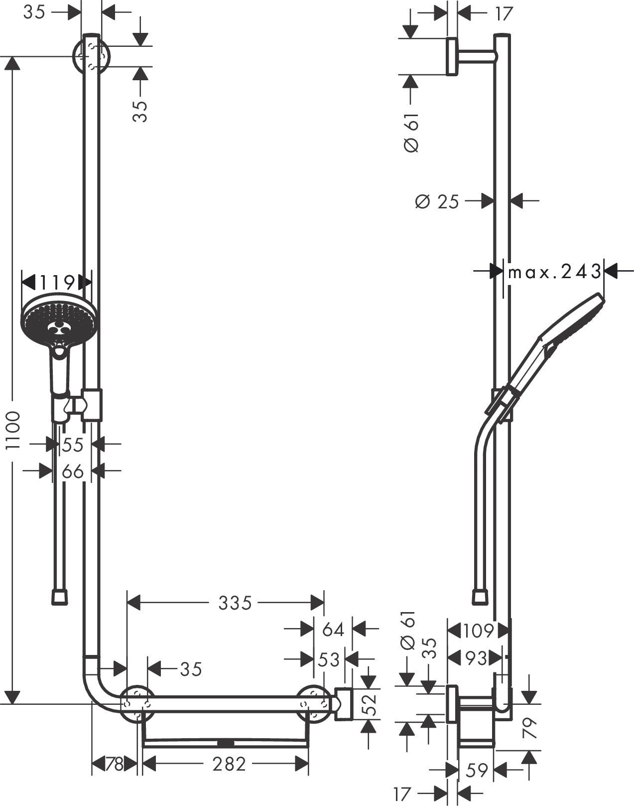 Raindance Select S Shower set 120 3jet with shower rail 110 cm left