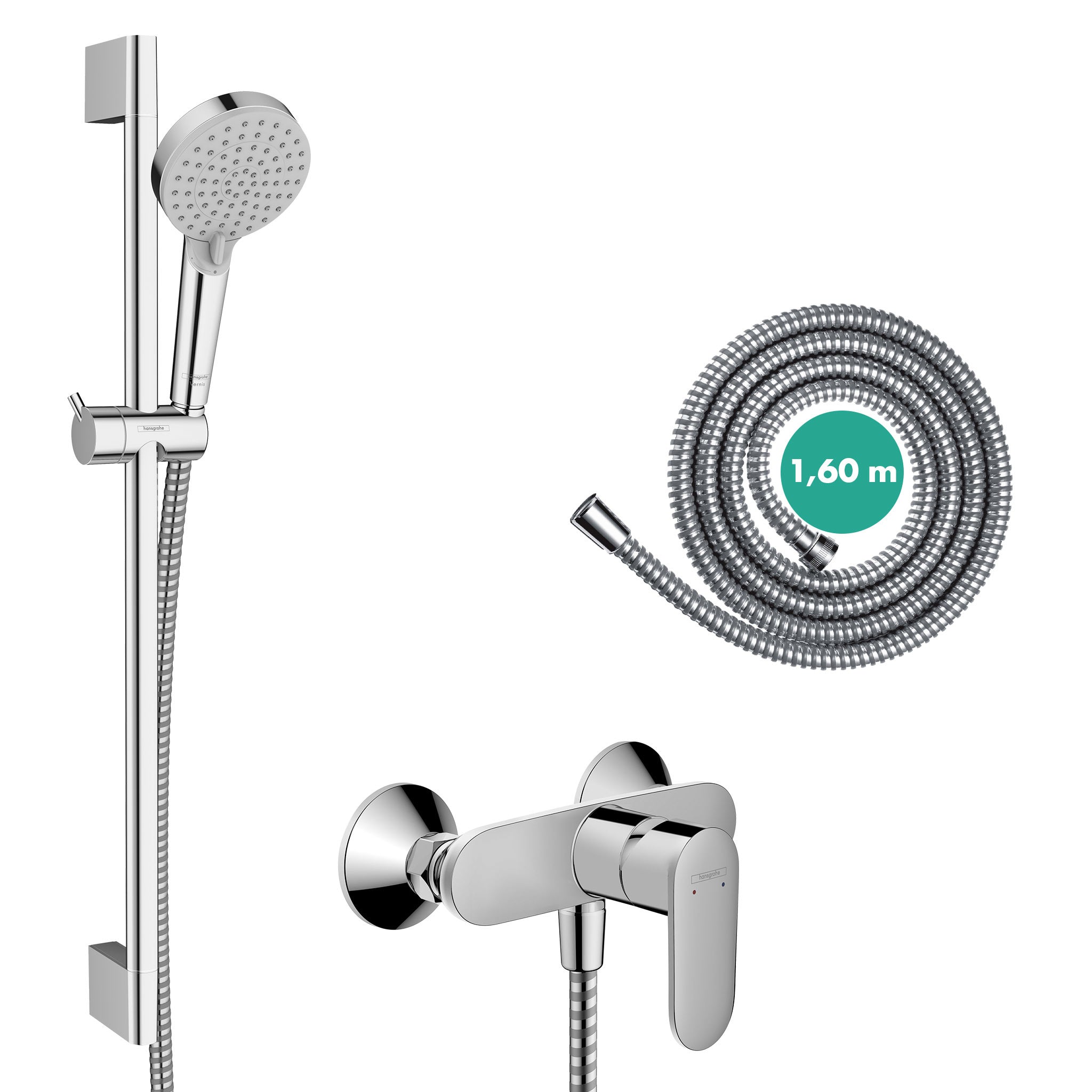 Vernis Blend Shower system for exposed installation 100 Vario EcoSmart with single lever shower mixer and shower bar Crometta 65 cm