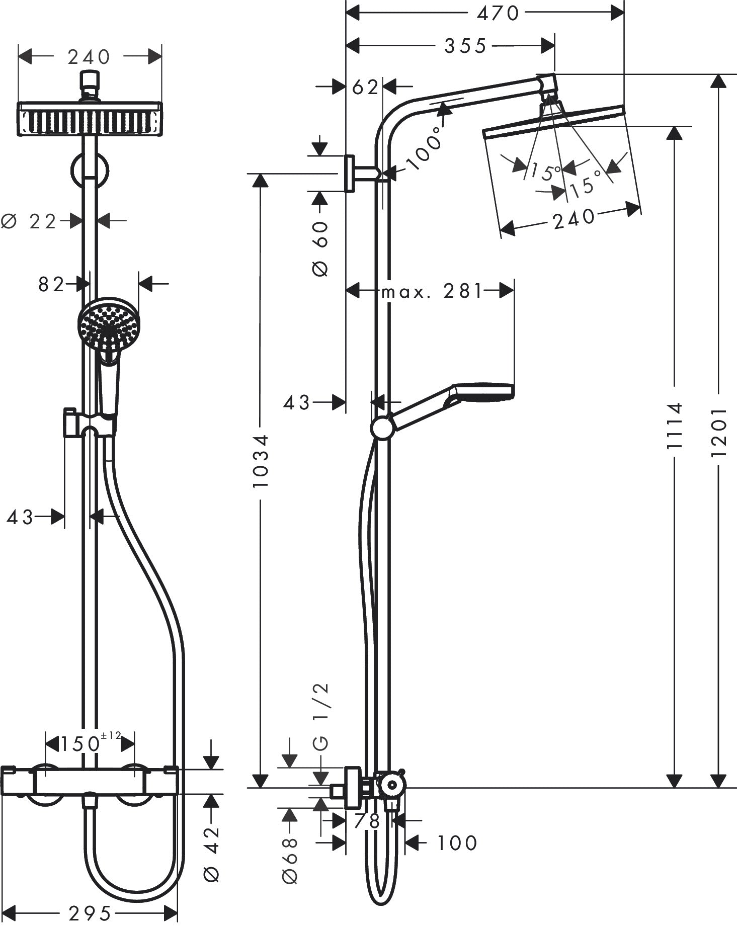 Crometta E Showerpipe 240 1jet with thermostatic shower mixer