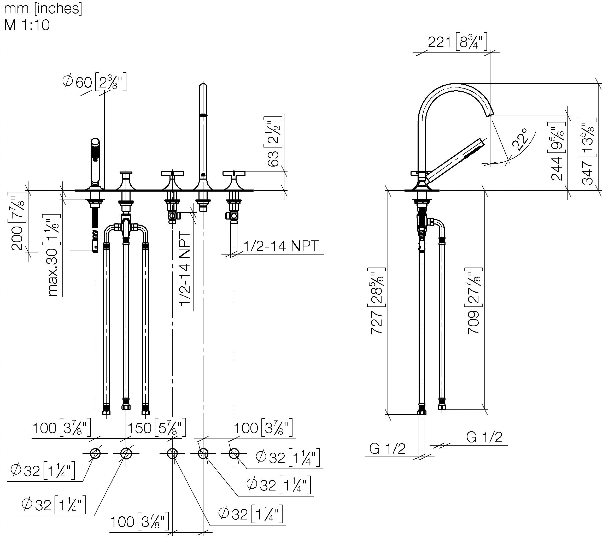 Vaia Five Hole Bath Mixer For Deck Mounting With Diverter Chrome