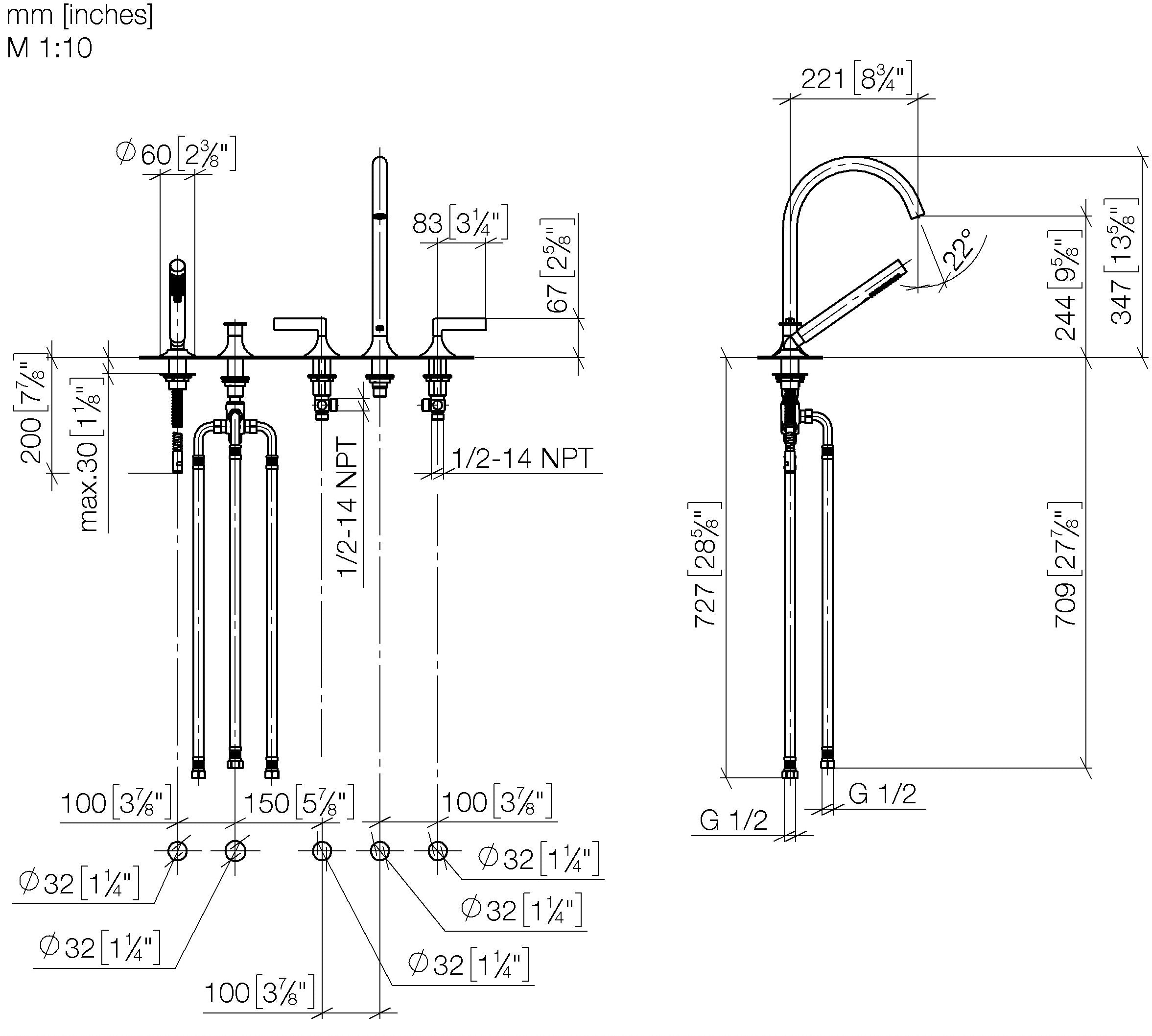 Vaia Five Hole Bath Mixer For Deck Mounting With Diverter Chrome II