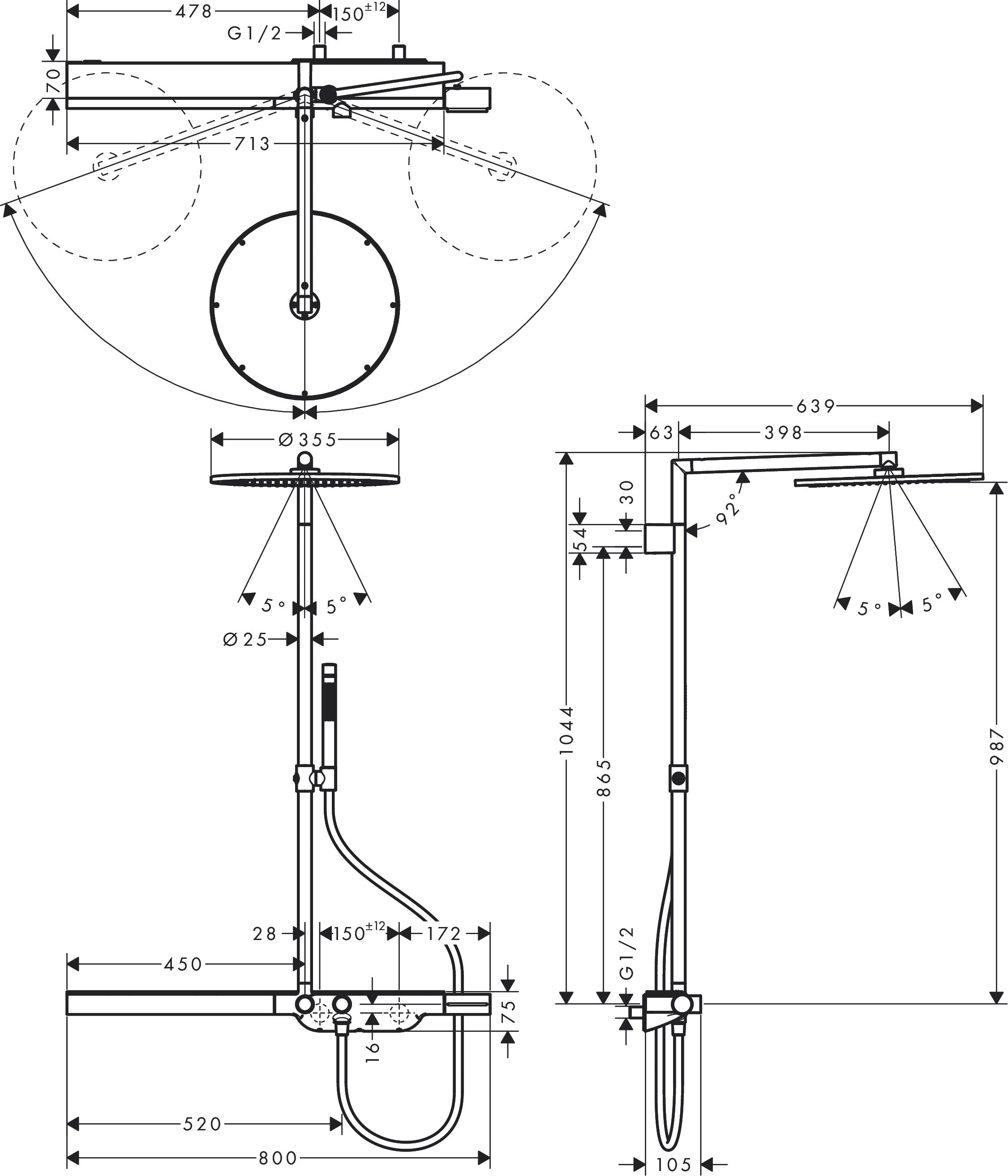 AXOR ShowerSolutions Showerpipe with thermostatic mixer 800 and 1jet overhead shower 350