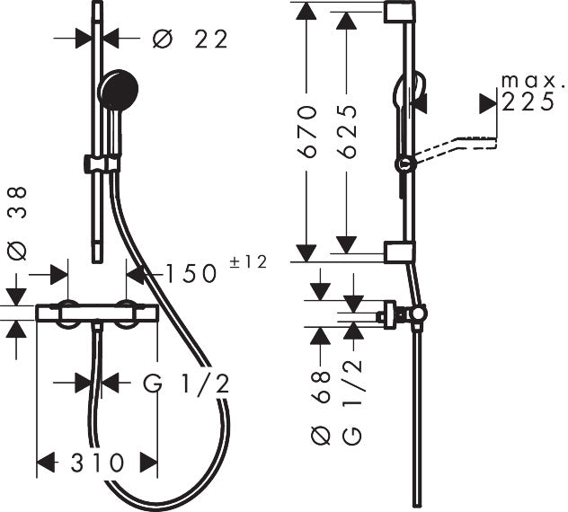 Activera Select S Shower system for exposed installation 95 2jet EcoSmart with Ecostat Fine and shower bar 65 cm