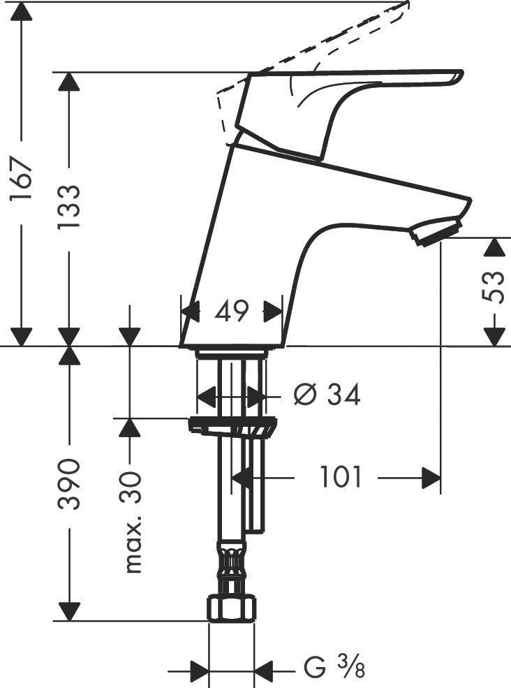 Focus Pillar tap 70 for cold water or pre-adjusted water without waste