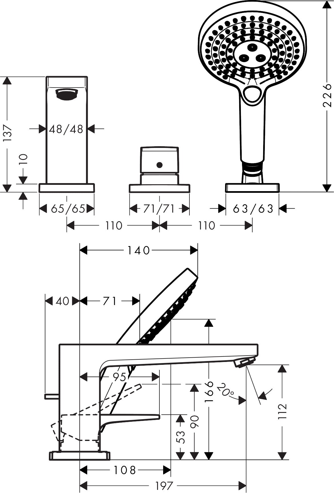 Metropol 3-hole rim-mounted single lever bath mixer with lever handle