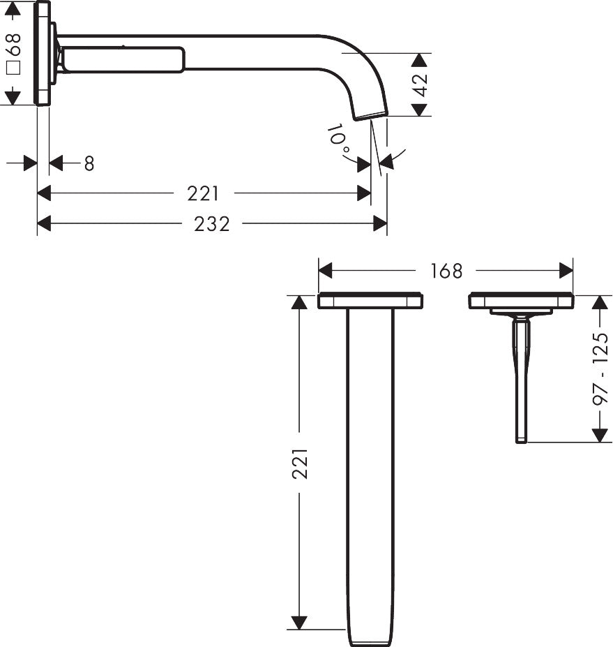 AXOR Citterio E Single lever basin mixer wall-mounted with pin handle, spout 221 mm and escutcheons