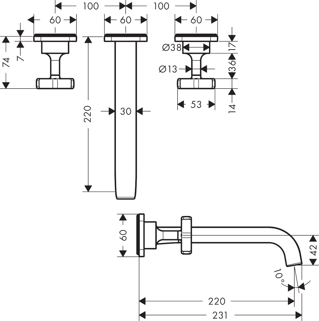 AXOR Citterio E 3-hole basin mixer for concealed installation wall-mounted with spout 220 mm and escutcheons