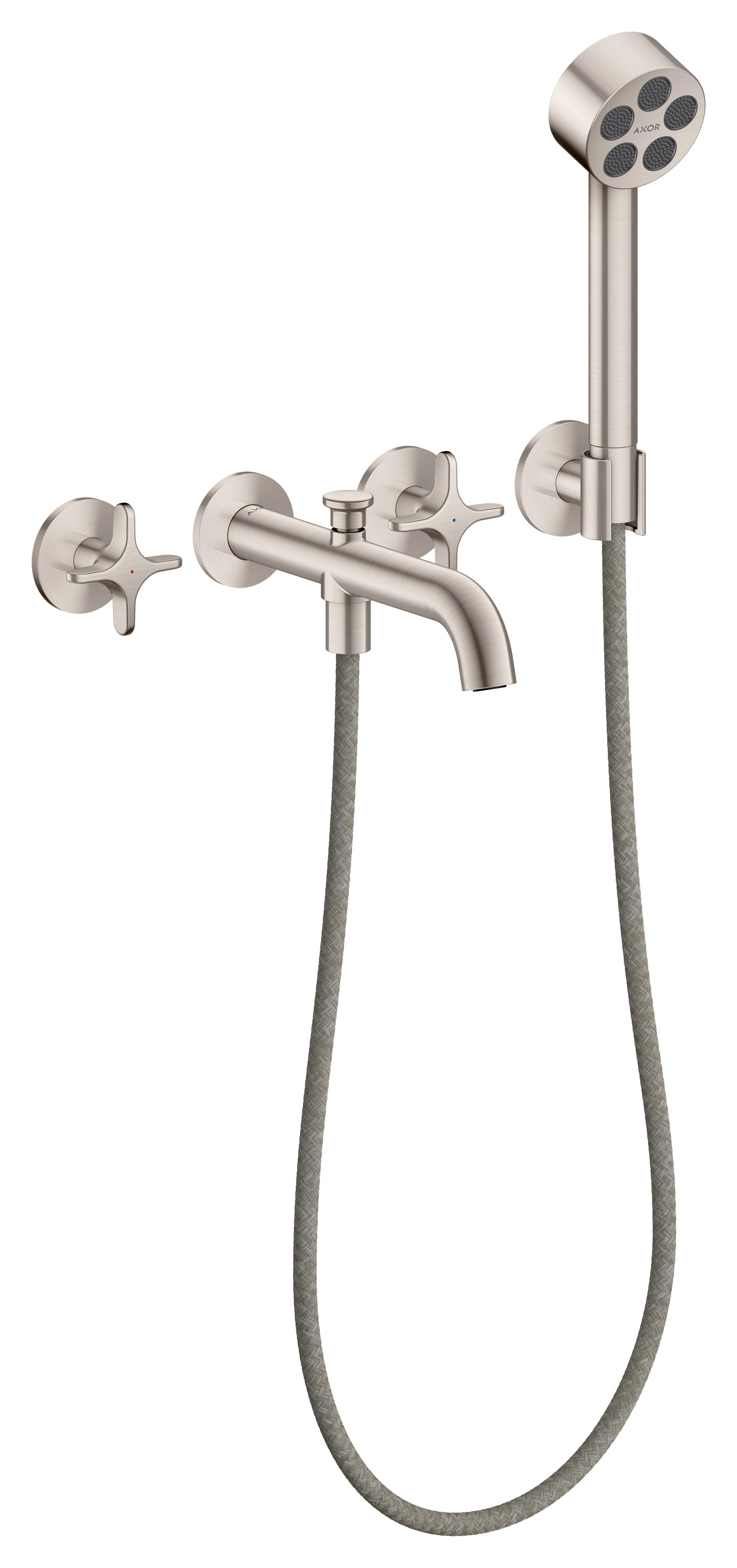 AXOR One 3-hole bath mixer for concealed installation wall-mounted with cross handles and hand shower