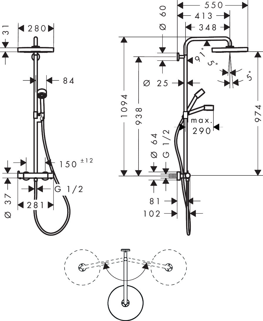 AXOR One Showerpipe with thermostat and overhead shower 280 1jet EcoSmart