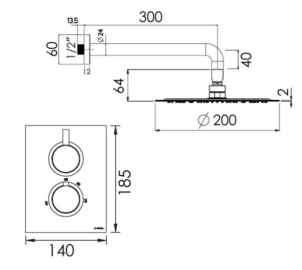 TECHNO 465 - Thermostatic Ultra Fixed Shower Kit