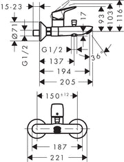 Logis Single lever manual bath mixer for exposed installation with 2 flow rates