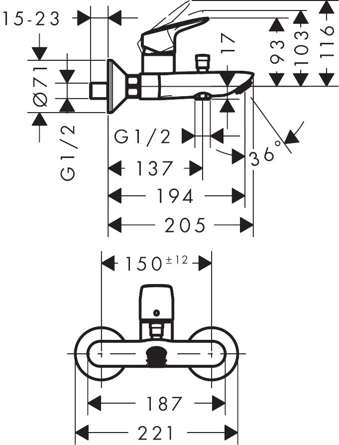 Logis Single lever manual bath mixer for exposed installation with 2 flow rates