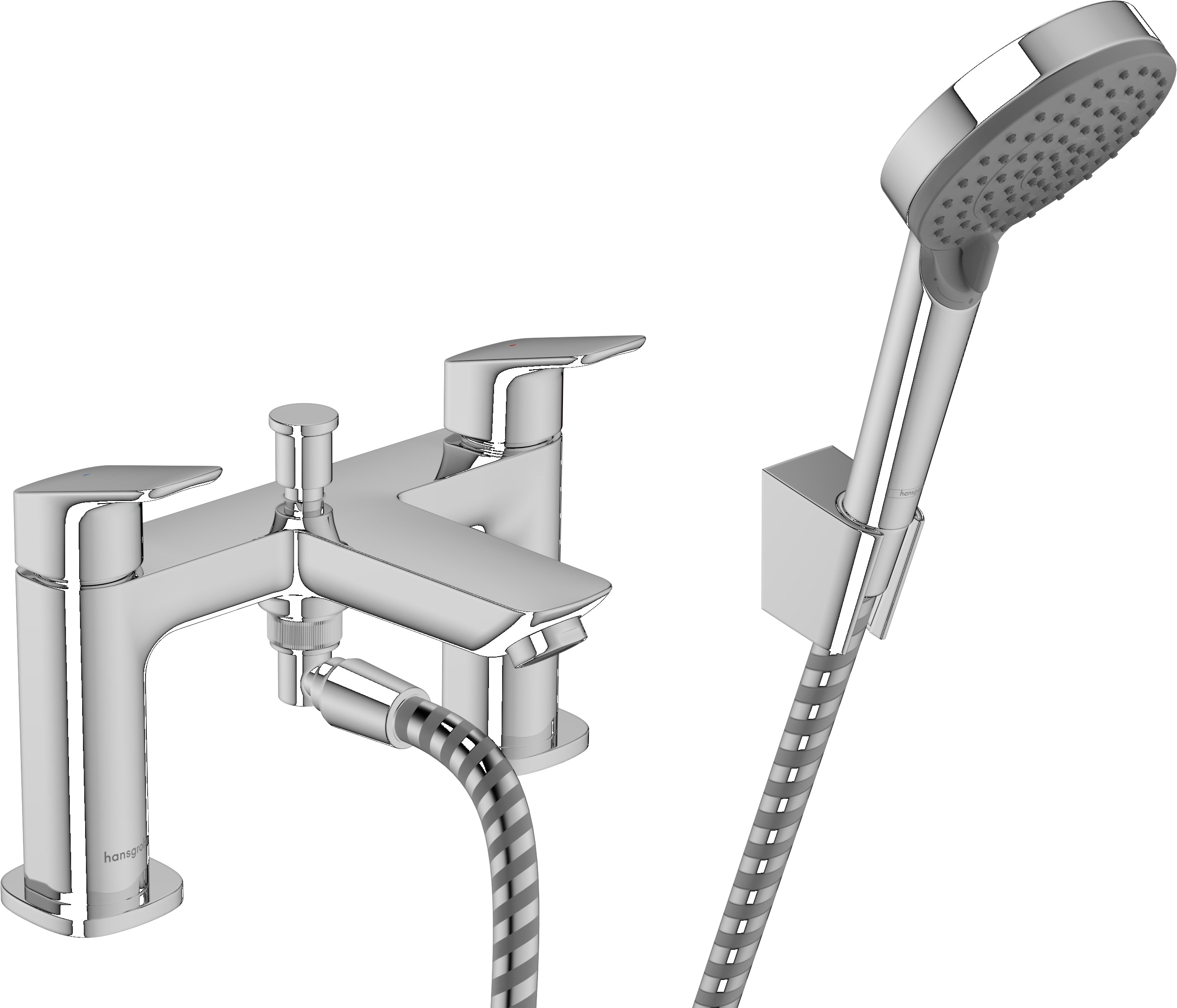 Logis 2-hole rim mounted bath mixer with diverter valve and Vernis Blend hand shower Vario