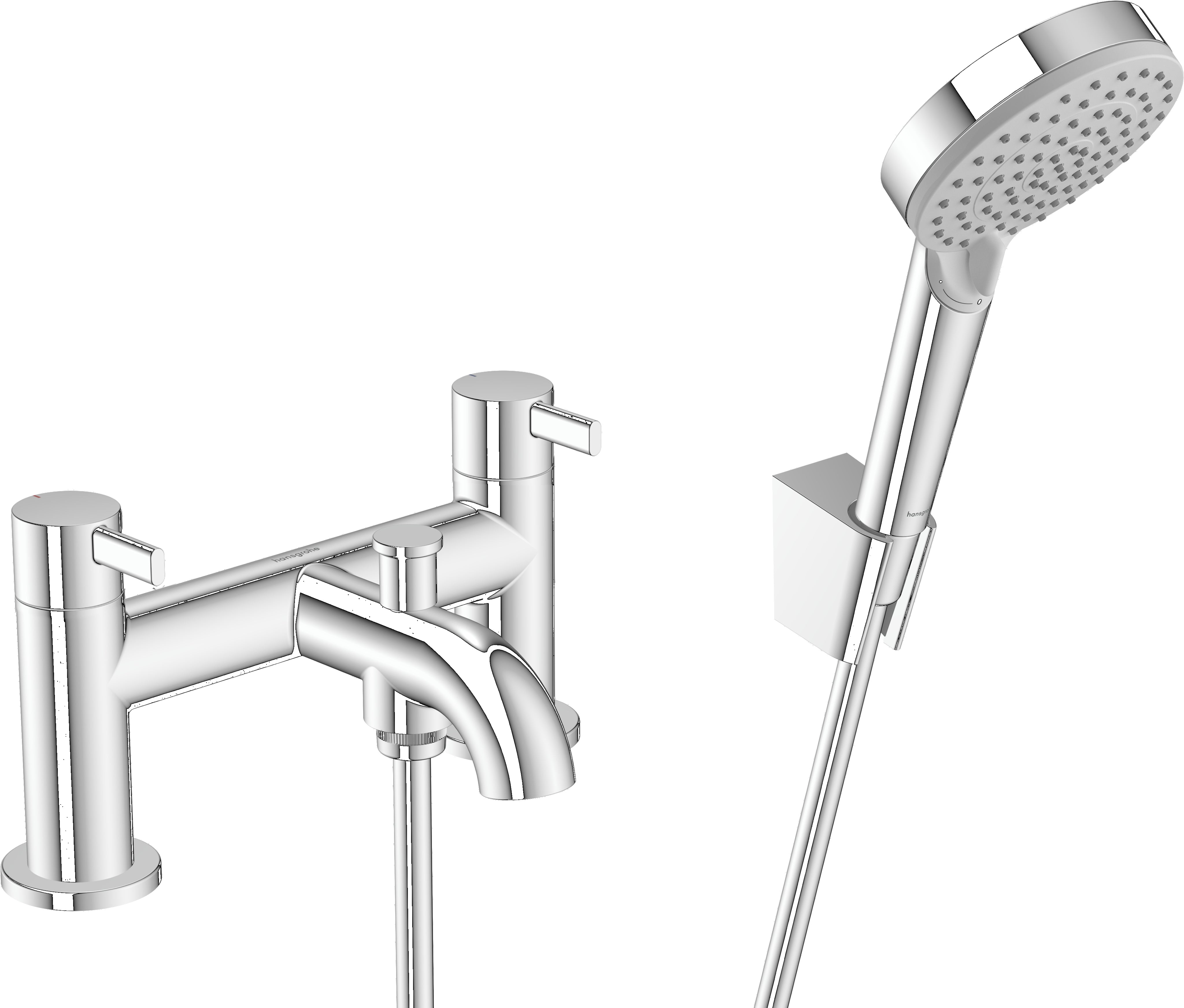 Zesis S 2-hole rim mounted bath mixer with diverter valve and Vernis Blend hand shower Vario