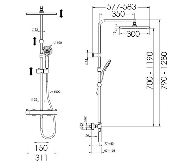 BLACK Shower Column Adjustable 'L' Riser
