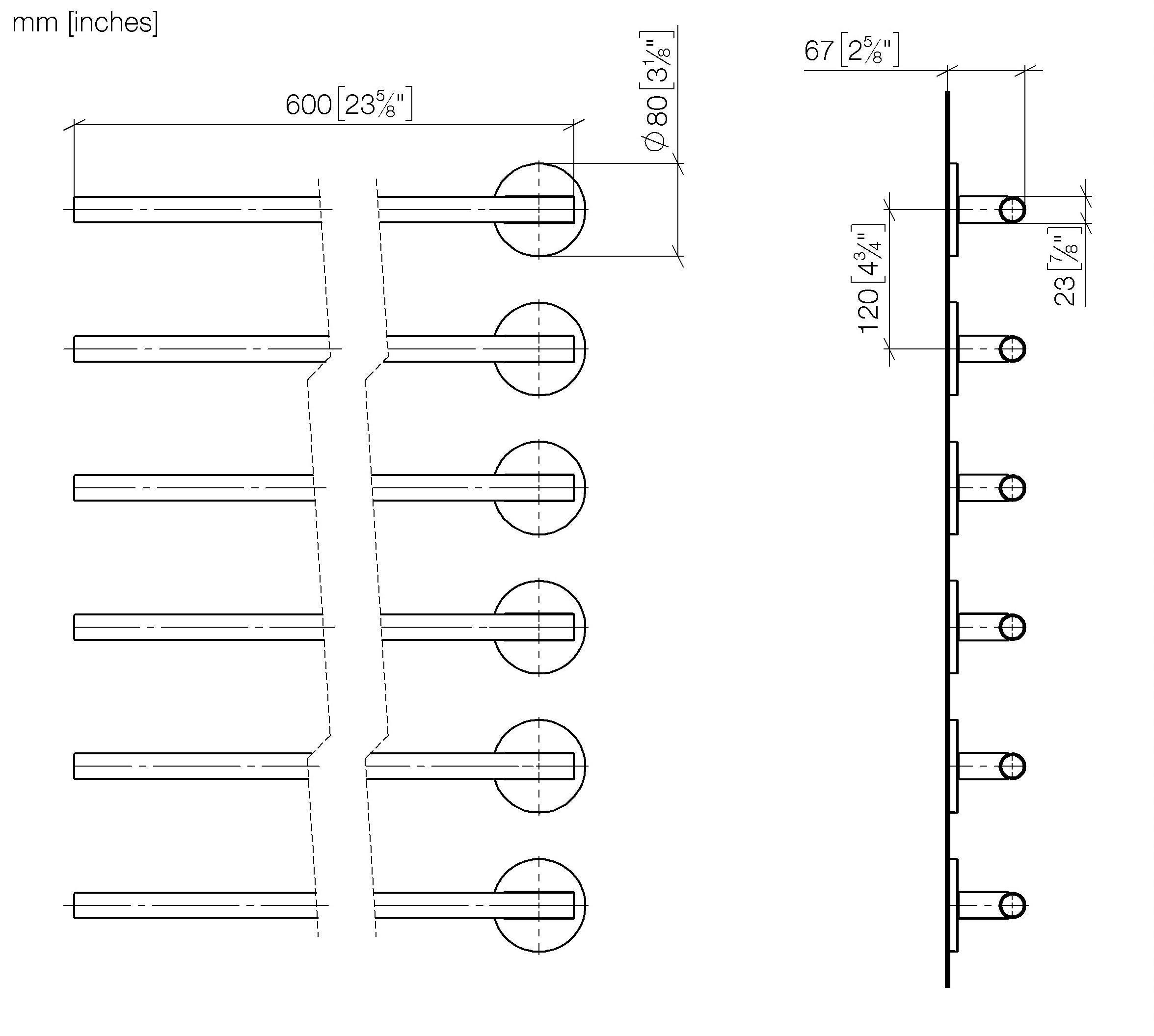Towel Warmer 6 Fold Projection Left Without Control Element Chrome