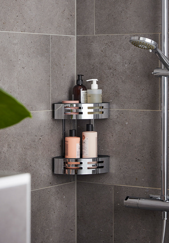 TWO TIER CORNER SHOWER TIDY WITH REMOVABLE TRAY CHROME