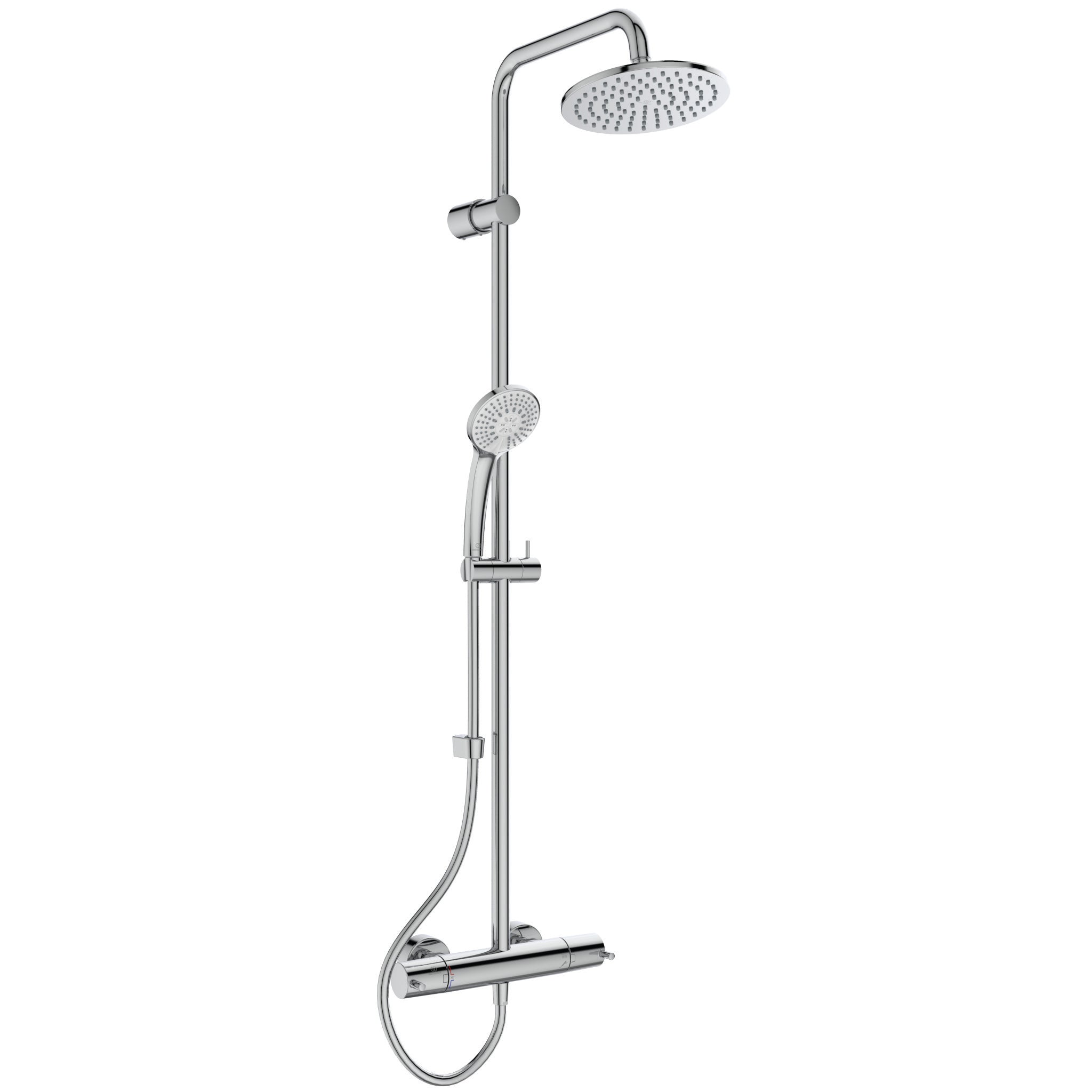 Freedom Dual thermostatic exposed shower system with M1 rainshower, fixed riser, M3 handspray and metal pin handles