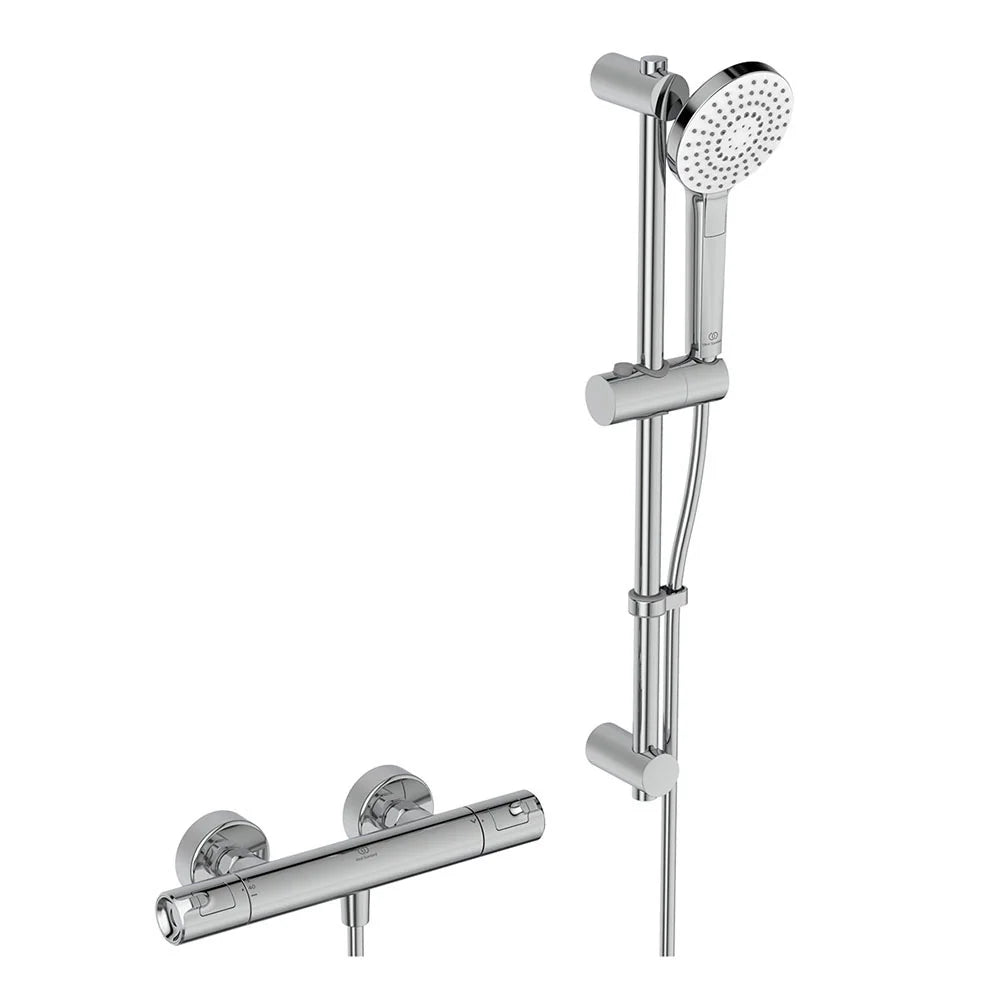 Ceratherm T50 exposed thermostatic shower mixer pack with idealrain evo round 3 function ø110mm handspray, 600mm rail and 1.75m idealflex hose