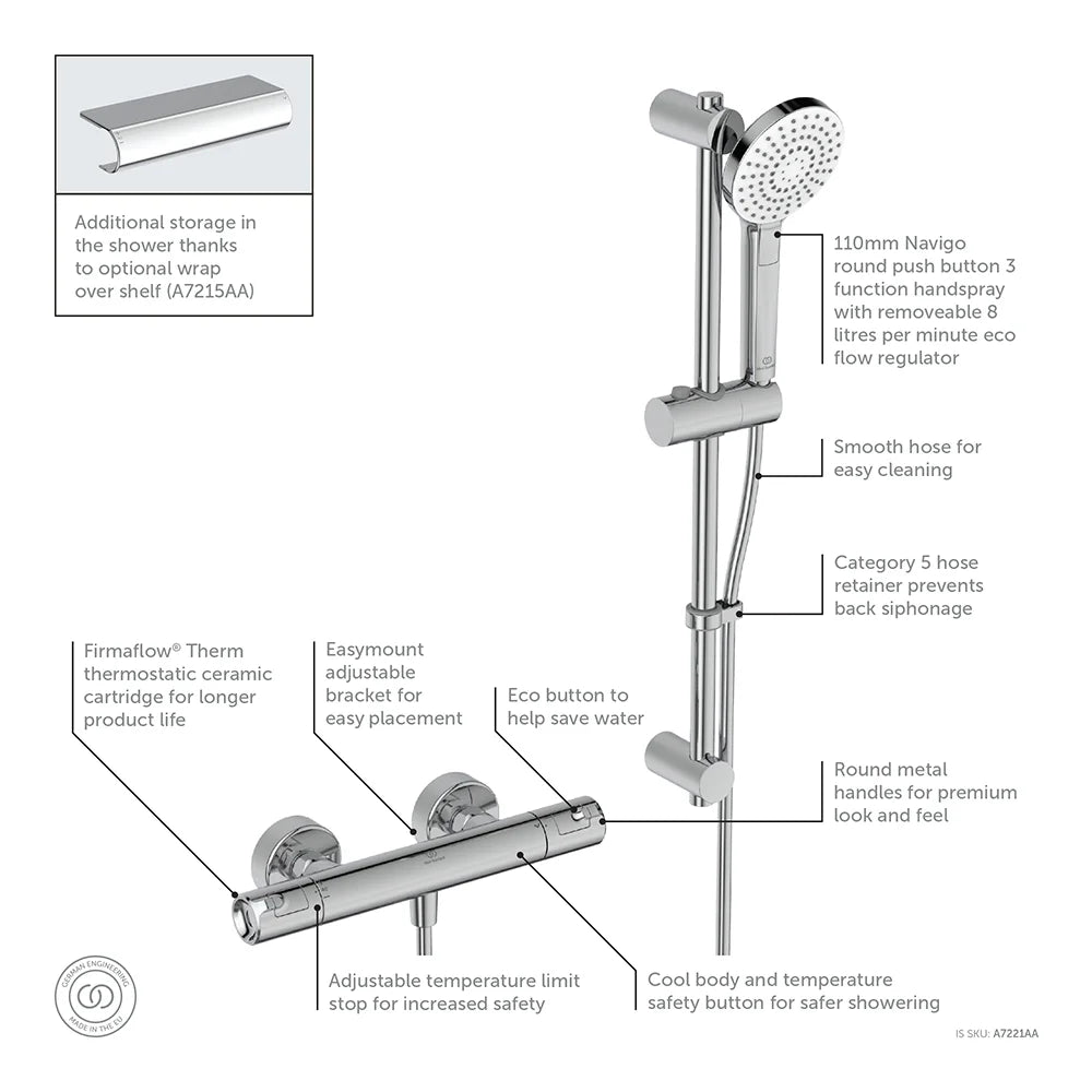Ceratherm T50 exposed thermostatic shower mixer pack with idealrain evo round 3 function ø110mm handspray, 600mm rail and 1.75m idealflex hose