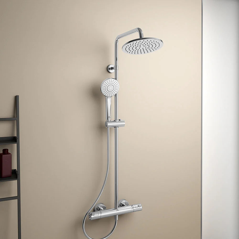 Ceratherm T50 exposed thermostatic shower system with Idealrain 200mm round rainshower, Idealrain Evo round 3 function 110mm handspray and 1.75m Ideaflex hose