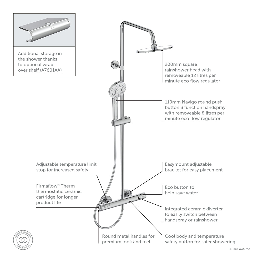 Ceratherm T50 exposed thermostatic shower system with Idealrain 200mm round rainshower, Idealrain Evo round 3 function 110mm handspray and 1.75m Ideaflex hose