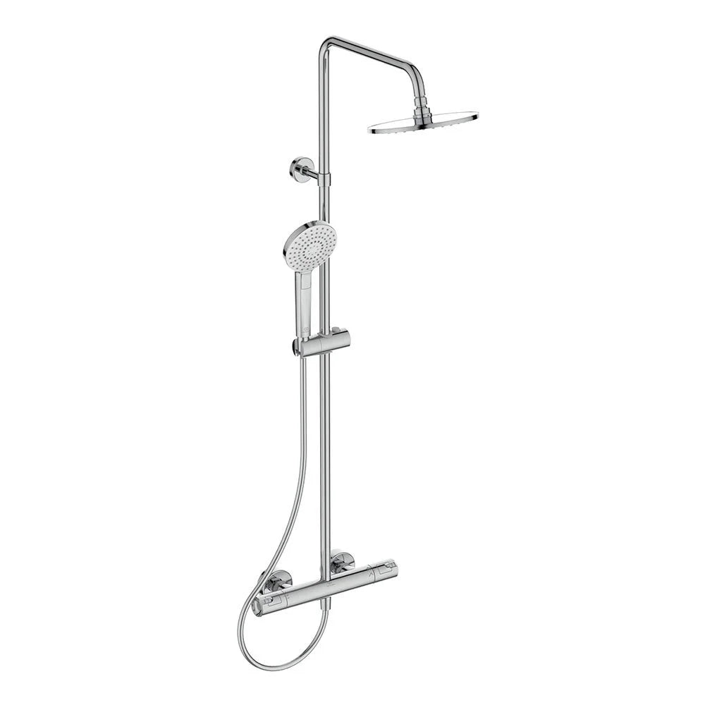 Ceratherm T50 exposed thermostatic shower system with Idealrain 200mm round rainshower, Idealrain Evo round 3 function 110mm handspray and 1.75m Ideaflex hose