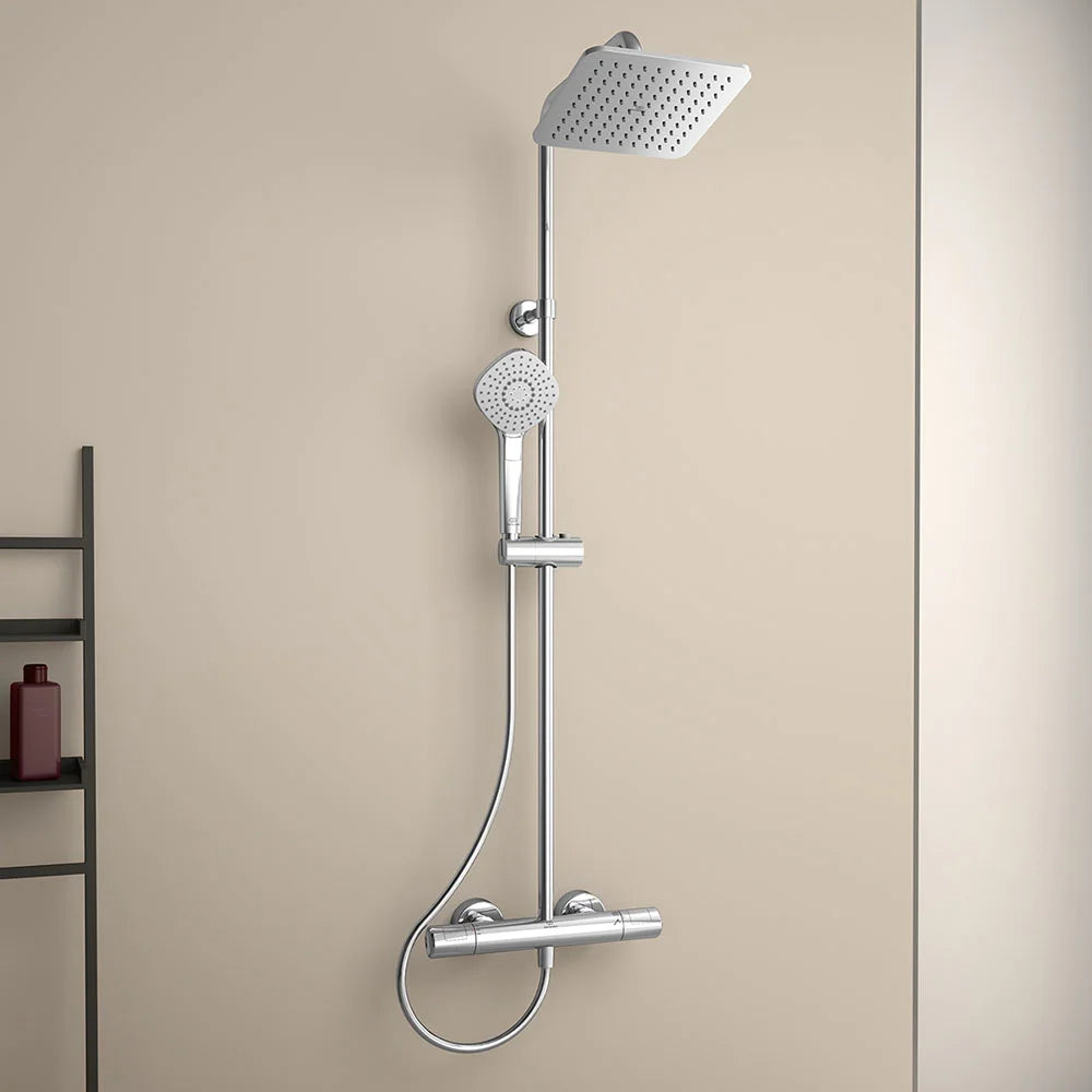 Ceratherm T100 exposed thermostatic shower system with Idealrain 200mm square rainshower, Idealrain Evo diamond 3 function handspray and 1.75m Ideaflex hose