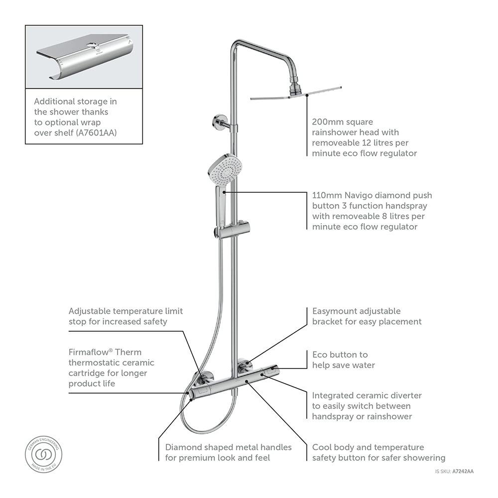Ceratherm T100 exposed thermostatic shower system with Idealrain 200mm square rainshower, Idealrain Evo diamond 3 function handspray and 1.75m Ideaflex hose